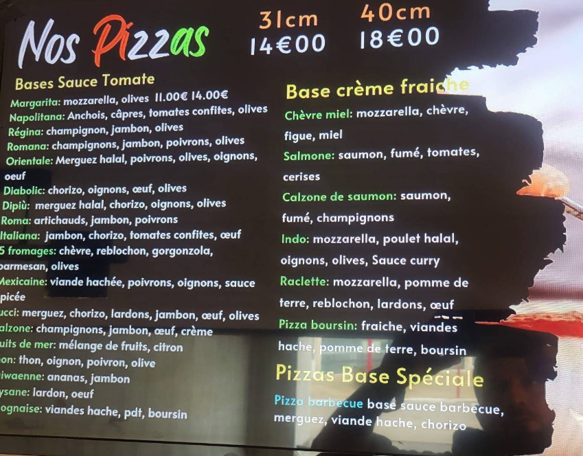 Menu Pizzas