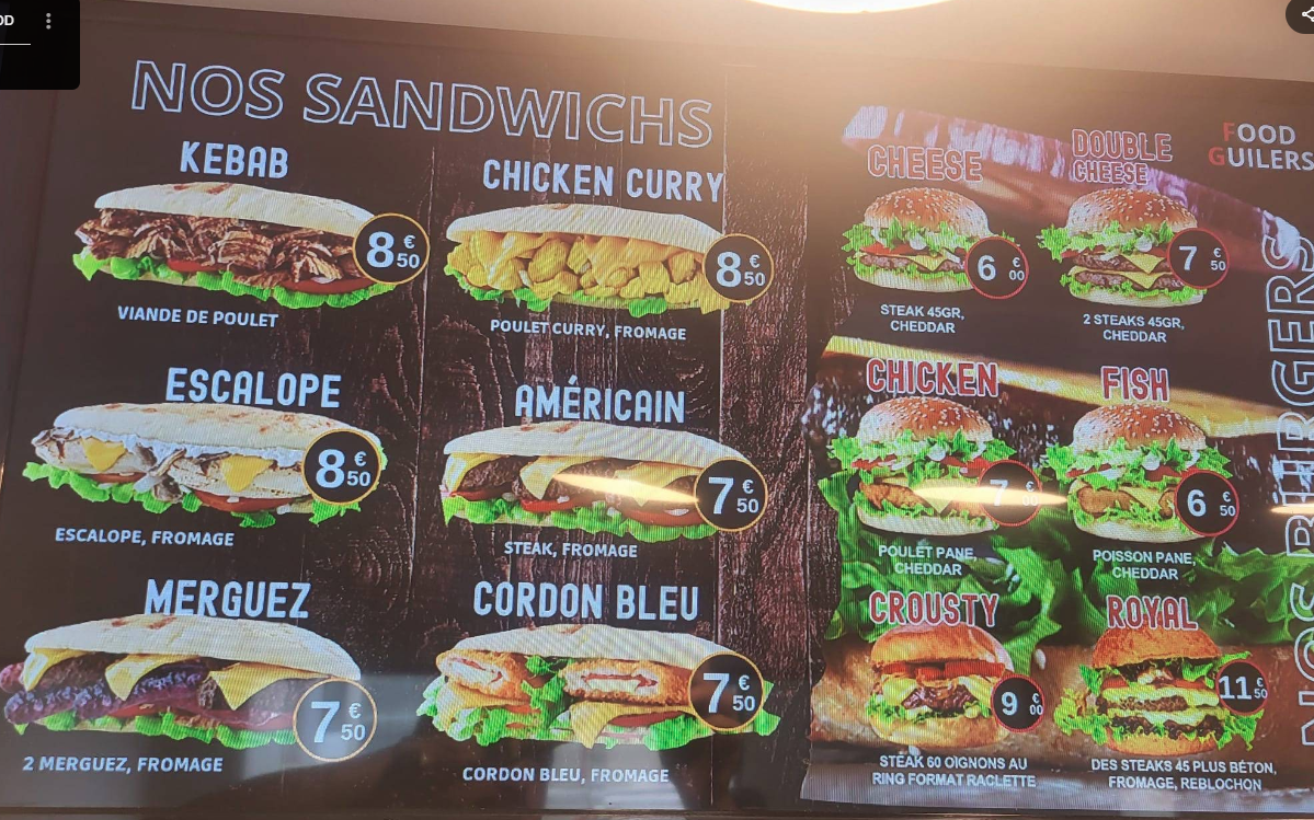 Menu Sandwichs & Burgers